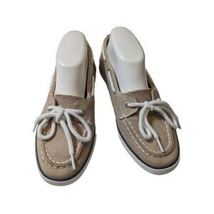 Nautica Womens Size 9 Boat Shoes Tan Canvas White Laced Deck Marine Flats Casual